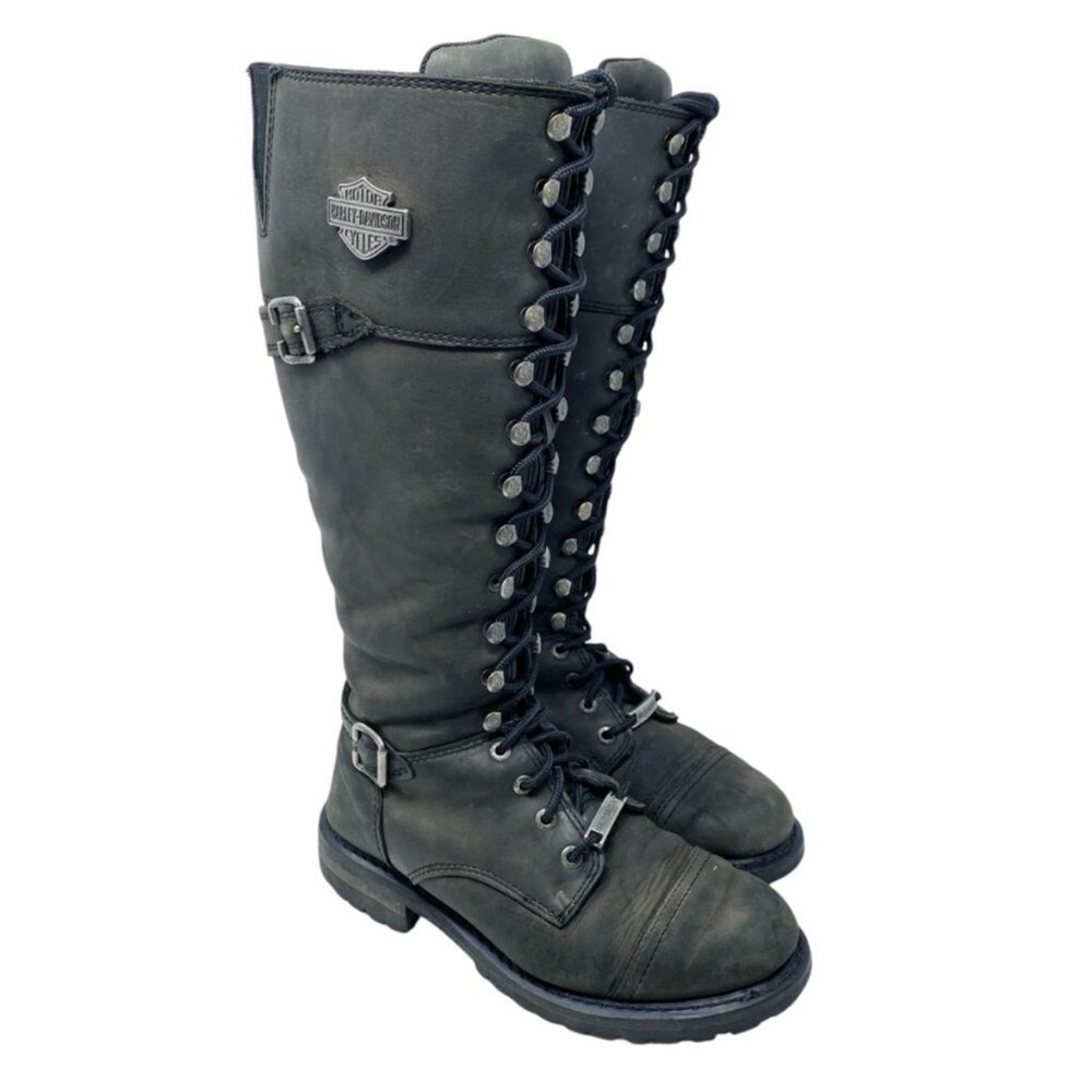 Harley-Davidson Black Oiled Leather Beechwood 15” Motorcycle Boots Sz 7 Lace Up - Picture 11 of 11